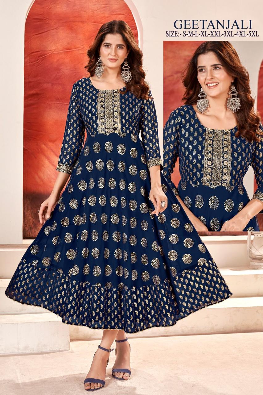 Geetanjali By Sangeet Anarkali Foil Gold Printed Kurtis Wholesale Shop In Surat